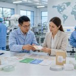 B2B buyer reviewing transdermal patch OEM samples inside a clean medical patch factory