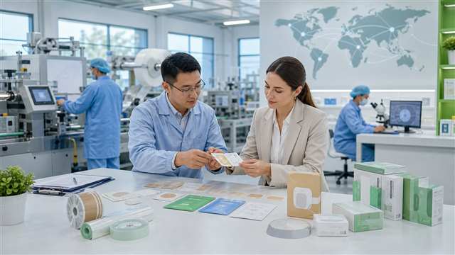 B2B buyer reviewing transdermal patch OEM samples inside a clean medical patch factory
